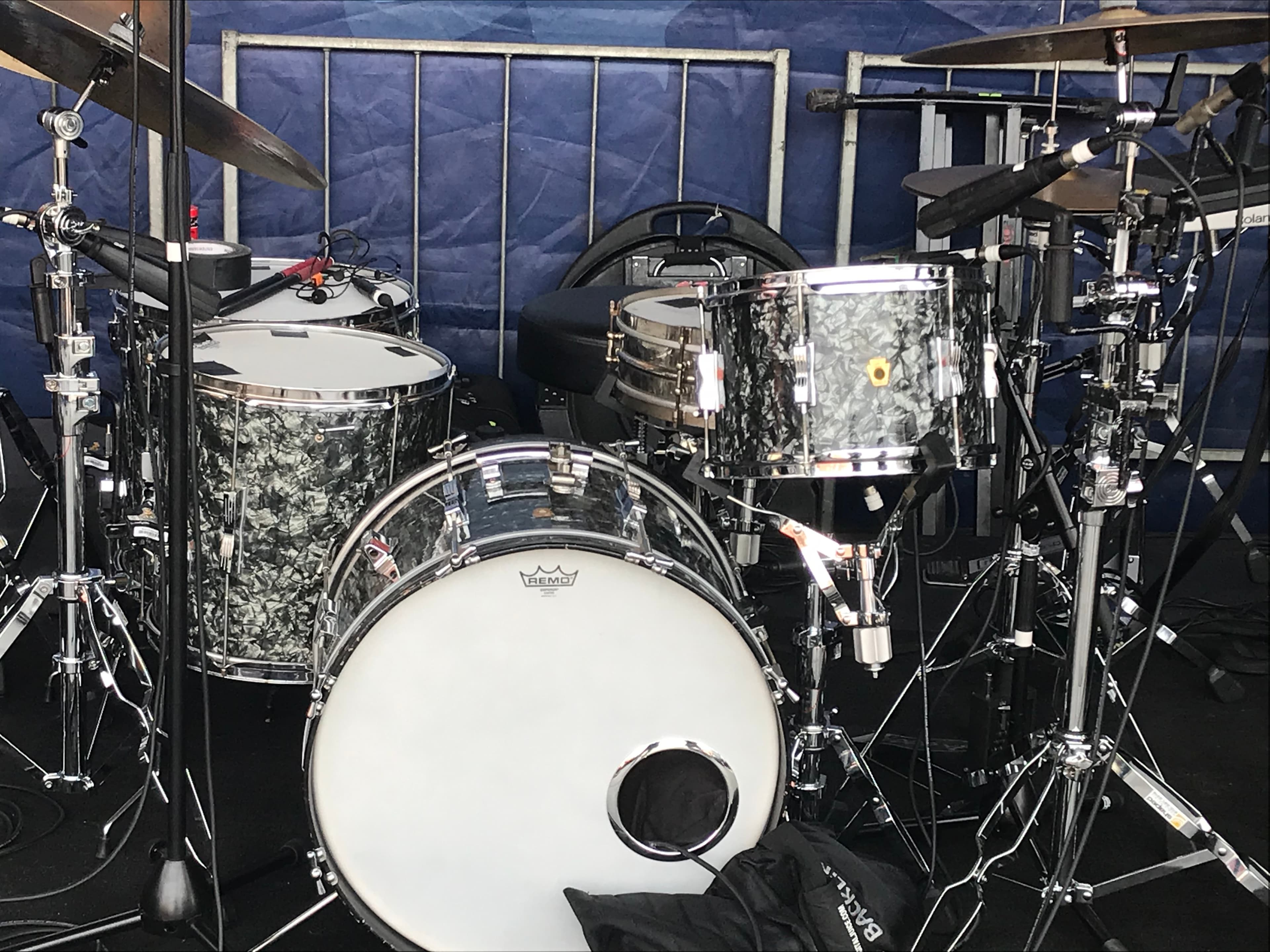 Touring drum kit set up backstage